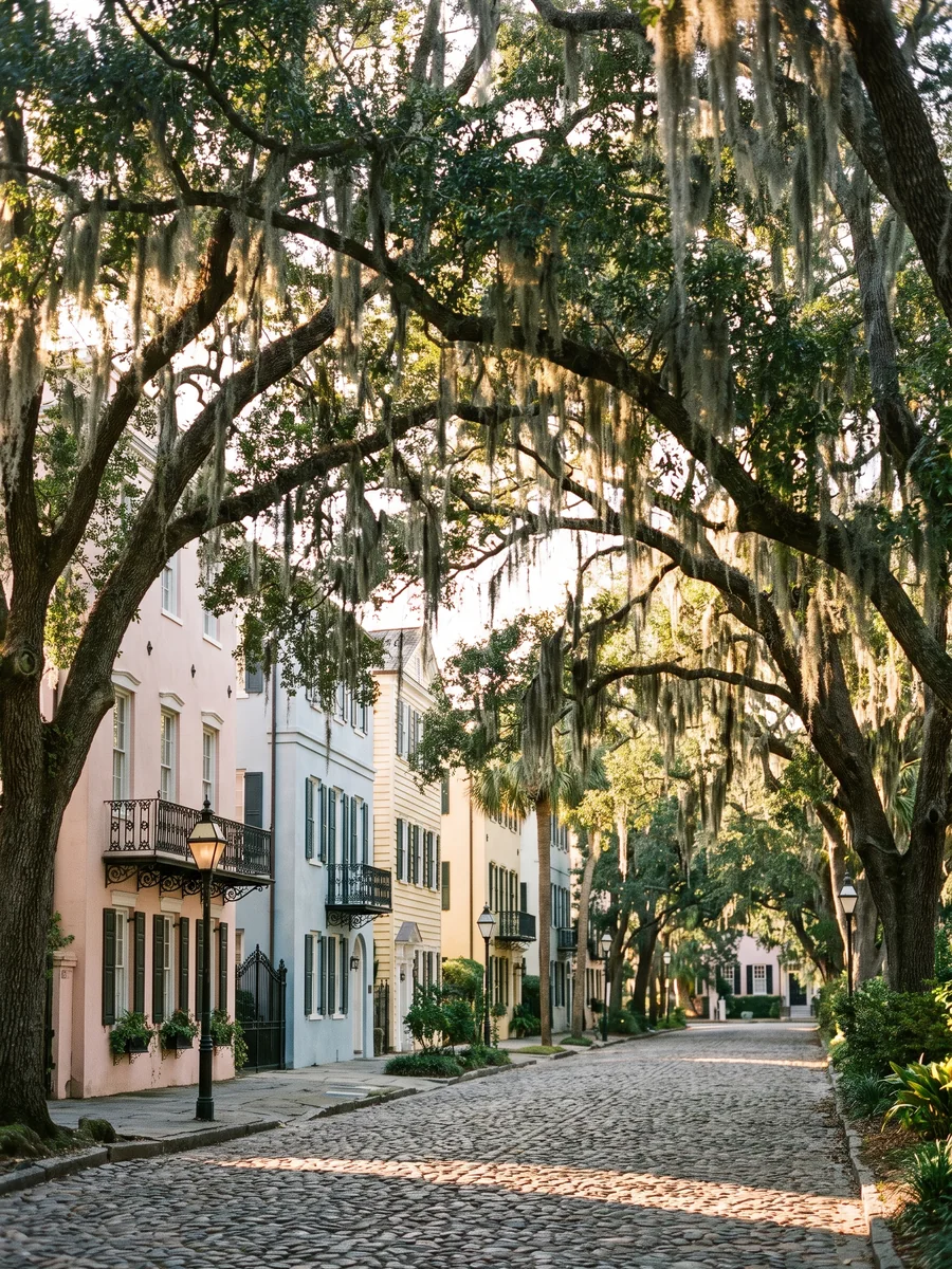 A cobblestone Southern street under live oaks draped in Spanish moss beside pastel townhouses