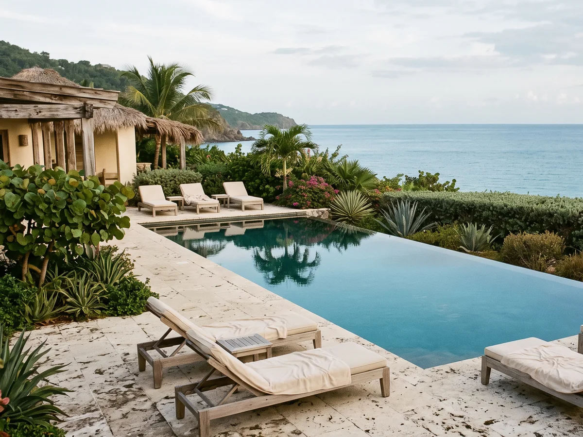A quiet resort pool terrace with a shaded cabana overlooking the sea