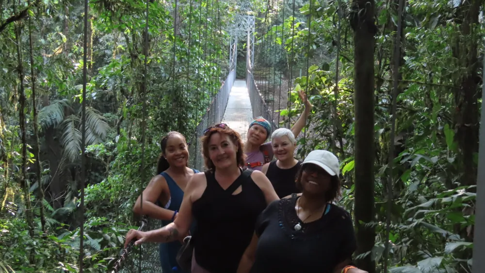 A small group crossing a suspension bridge through the rainforest canopy